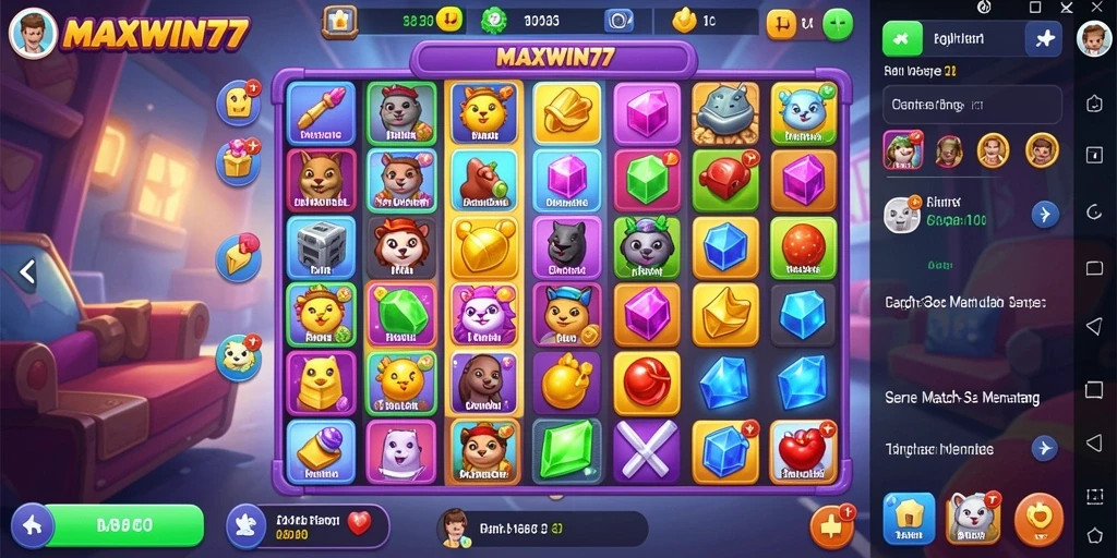 Gameplay seru dalam MAXWIN77 saat mencocokkan item Match-3.