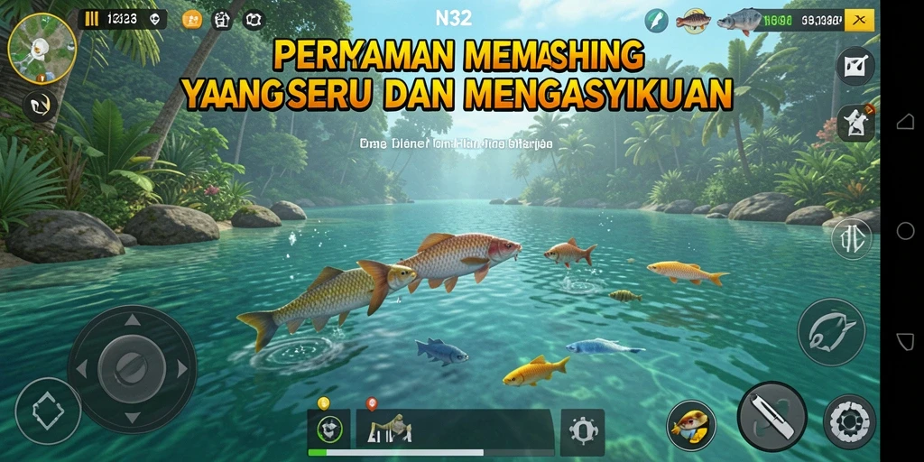 Gameplay memancing seru di N32 dengan berbagai jenis ikan.