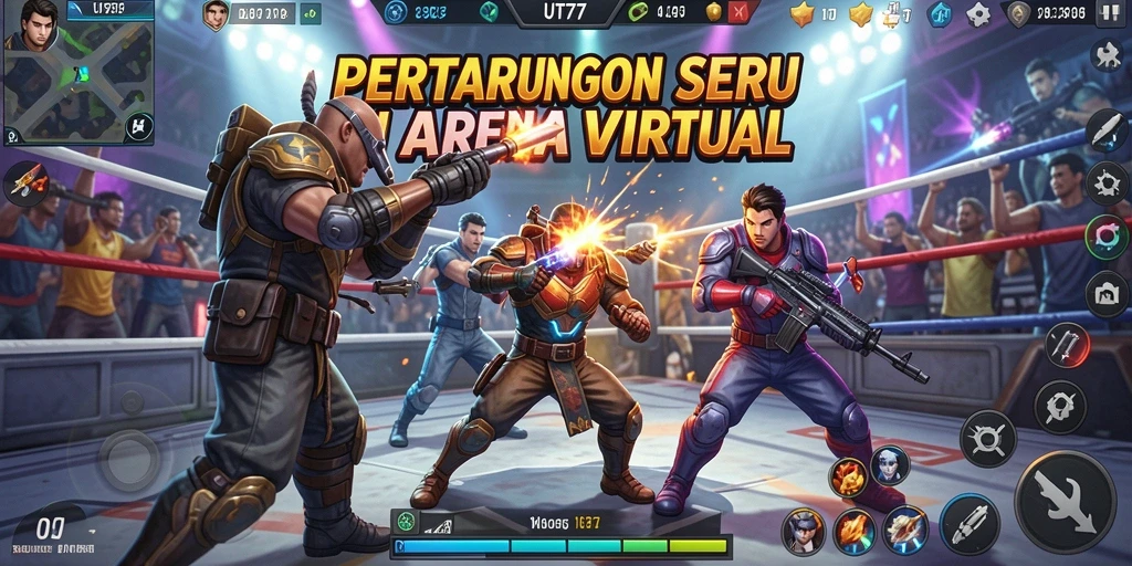 Tampilan gameplay UT77 yang penuh aksi di arena Fighting.